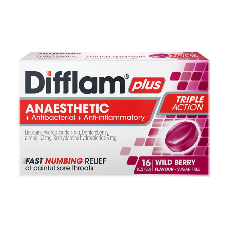 Difflam Plus Anaesthetic Sore Throat Lozenges Wild Berry 16 Pack
