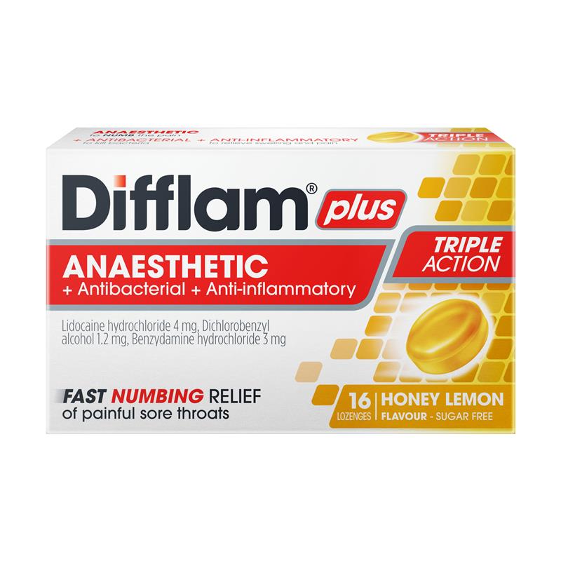 Difflam Plus Anaesthetic Sore Throat Lozenges Honey & Lemon 16 Pack